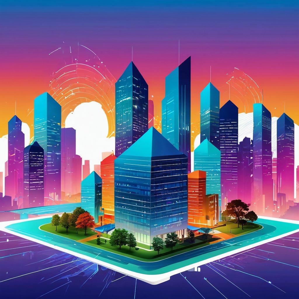 An imaginative depiction of a digital landscape transforming into real estate, featuring a stylized computer cursor clicking on a virtual house that gradually materializes into a real apartment building. Include elements of technology such as data streams and analytics charts blending into a city skyline. Bright, inviting colors with a futuristic feel to signify growth and opportunity. vector art. vibrant colors. white background.