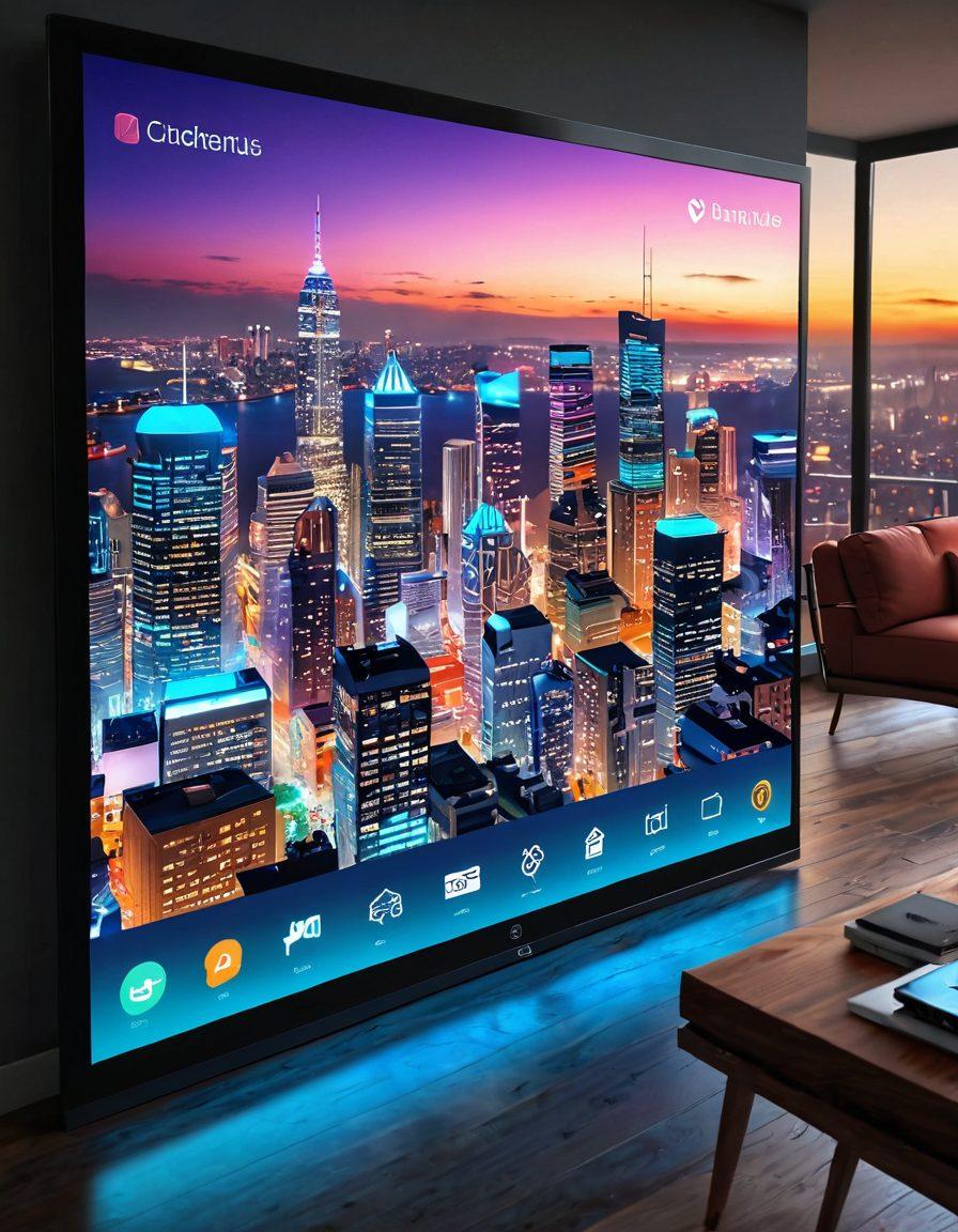 A modern apartment listing displayed on a glowing digital screen, showcasing vibrant images of stylish interiors and amenities. The background features a bustling city skyline, symbolizing the digital market. Include eye-catching icons representing SEO and online marketing strategies around the screen. A hand gently touches the screen, illustrating the concept of interactivity and online engagement. super-realistic. vibrant colors. 3D.