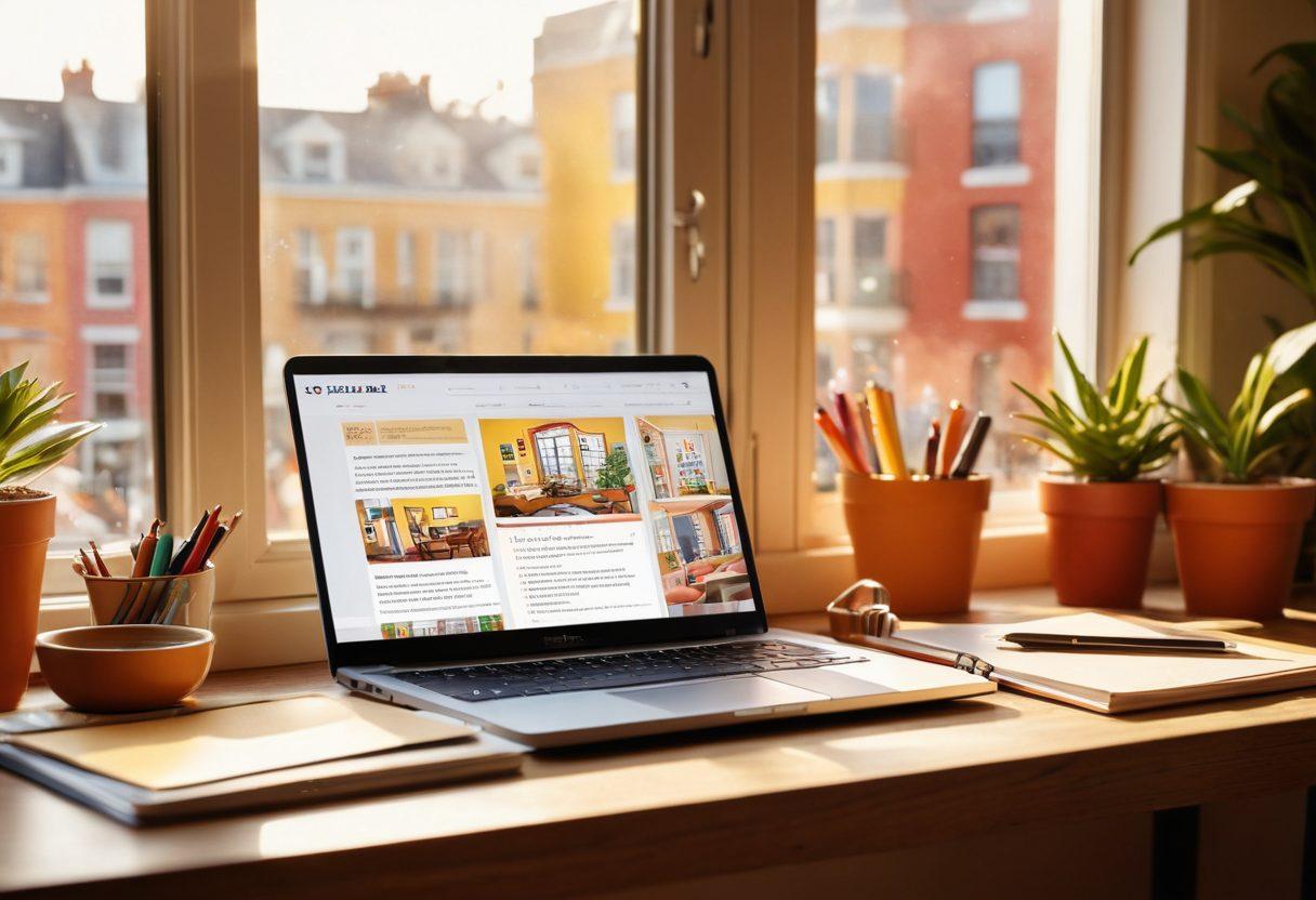 A creative workspace filled with vibrant stationery and an open notebook with handwritten content ideas. A laptop displays a captivating blog post about engaging prospective tenants, surrounded by colorful illustrations of diverse tenants and cozy apartments. Sunlight streams through a window, casting a warm glow on the scene. warm colors. hyper-realistic. inviting atmosphere.